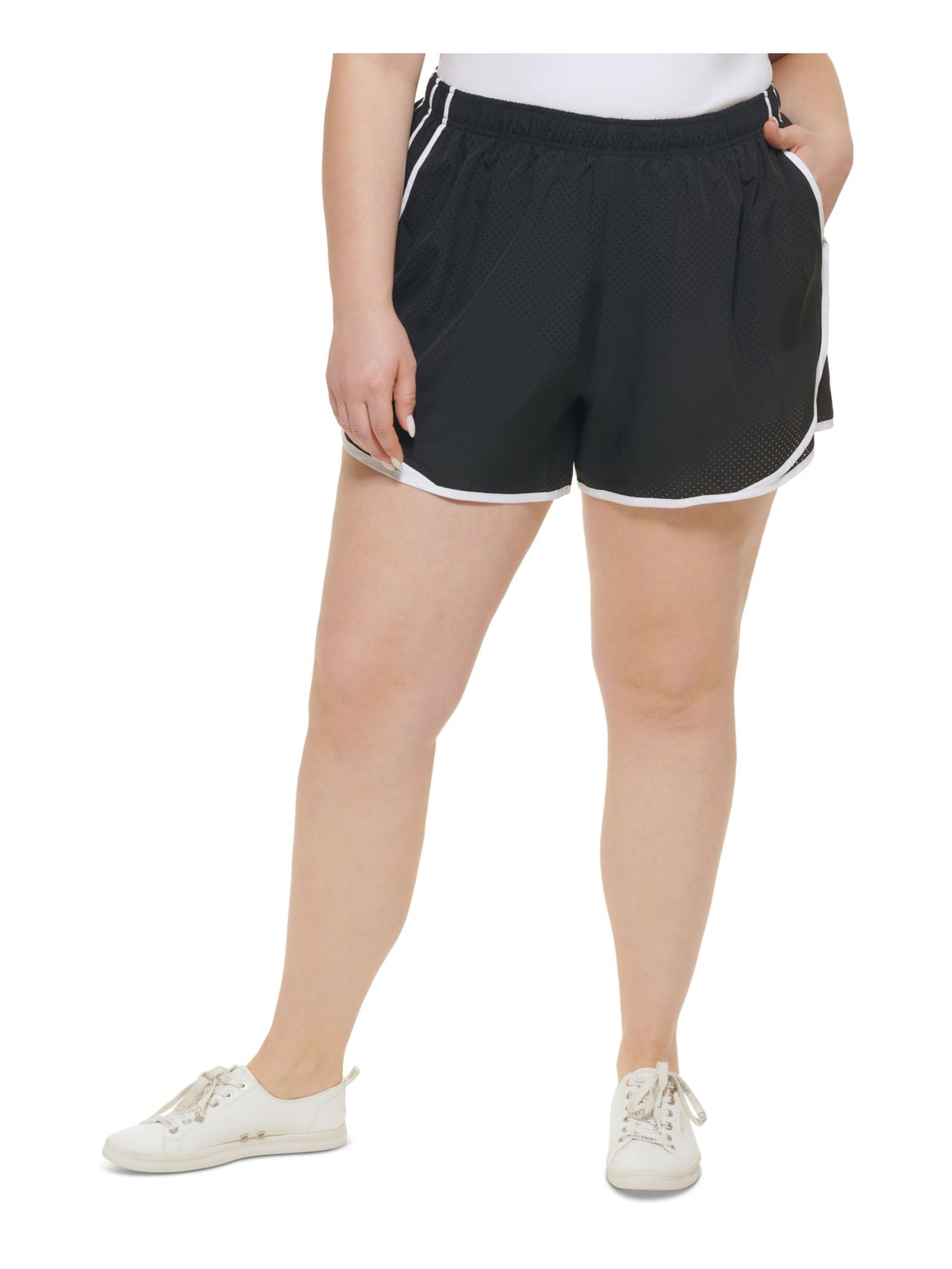CALVIN KLEIN PERFORMANCE Womens Black Pocketed Interior Mesh Liner Pull On Color Block Active Wear Shorts Shorts 2X