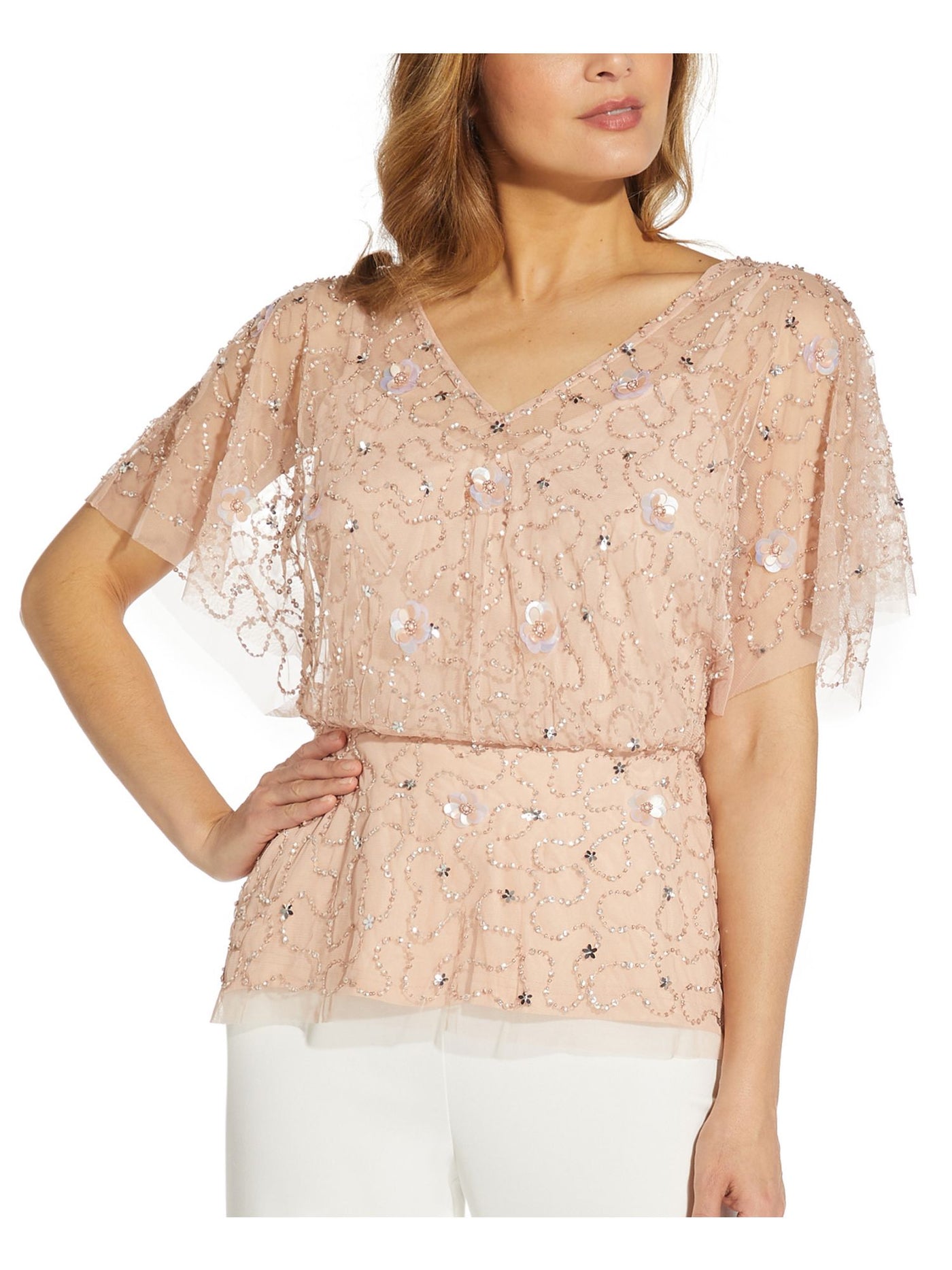 ADRIANNA PAPELL Womens Pink Embellished Zippered Lined Flutter Sleeve V Neck Party Blouse 6
