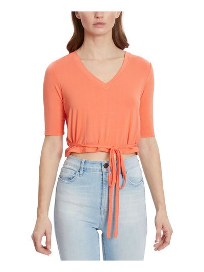 FRAYED JEANS Womens Orange Fitted Wrap Back Front Tie Short Sleeve V Neck Top XL