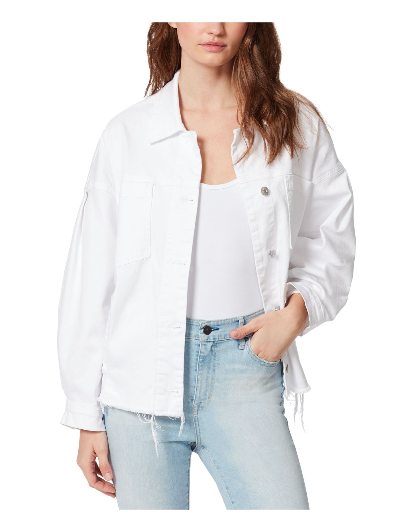 FRAYED JEANS Womens White Pocketed Point Collar Button Closure Denim Jacket M