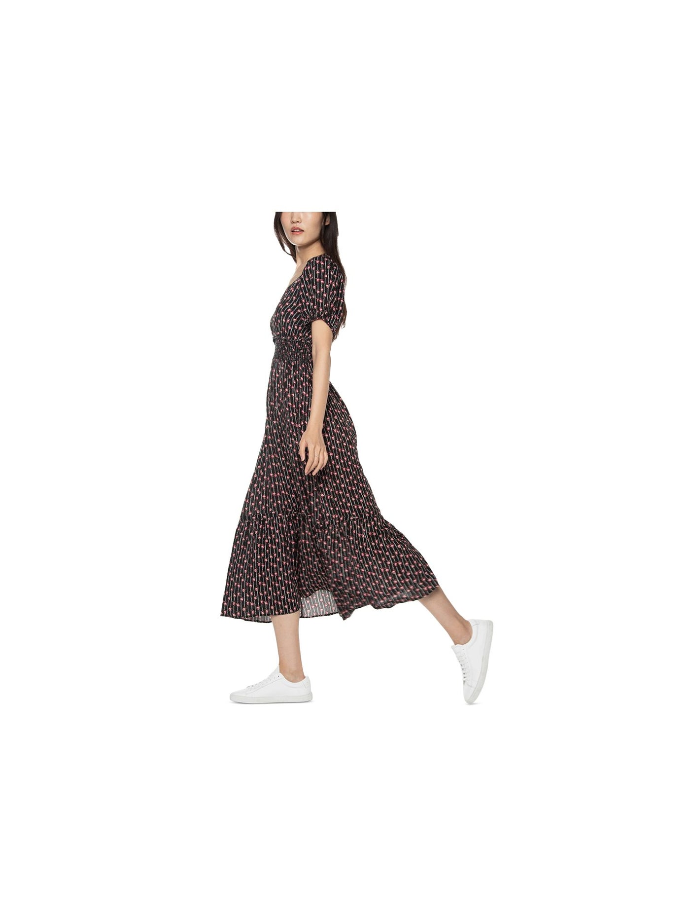 BLACK TAPE Womens Black Smocked Pocketed Pullover Tiered Skirt Printed Short Sleeve Sweetheart Neckline Midi Fit + Flare Dress S