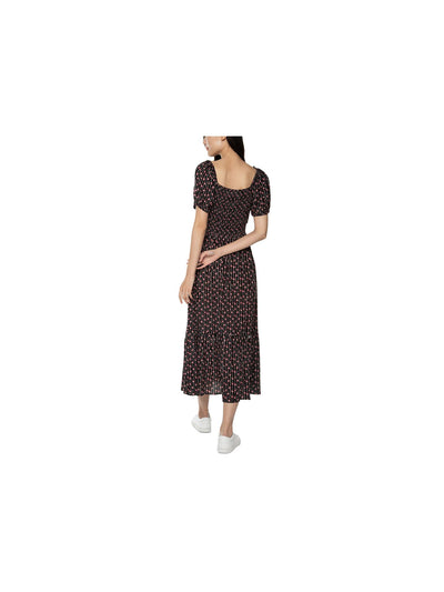 BLACK TAPE Womens Black Smocked Pocketed Pullover Tiered Skirt Printed Short Sleeve Sweetheart Neckline Midi Fit + Flare Dress S