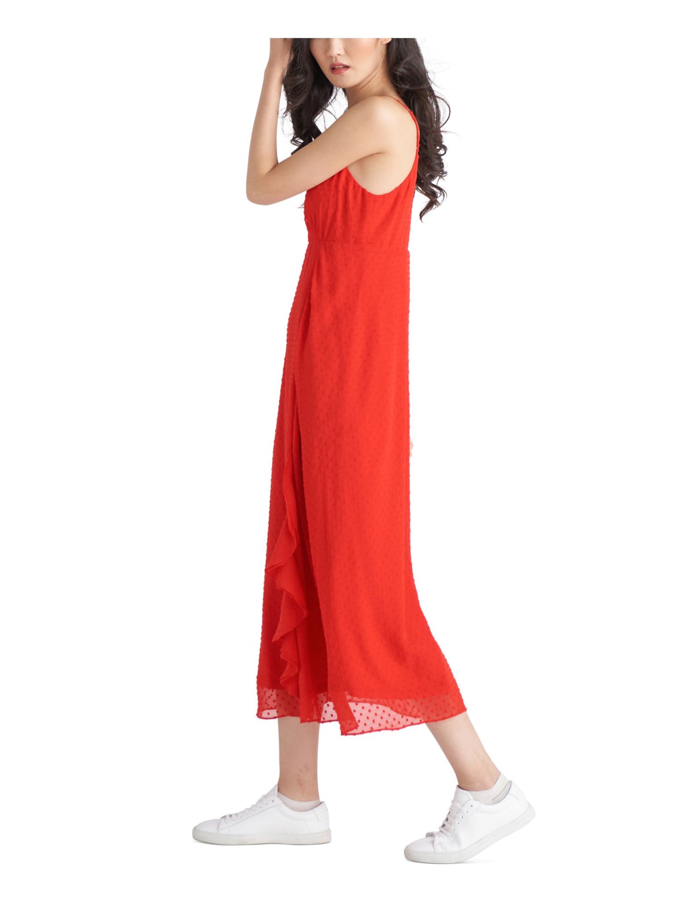 CHAMPION Womens Red Adjustable Zippered Lined Sheer Gathered Ruffled Spaghetti Strap V Neck Tea-Length Empire Waist Dress M