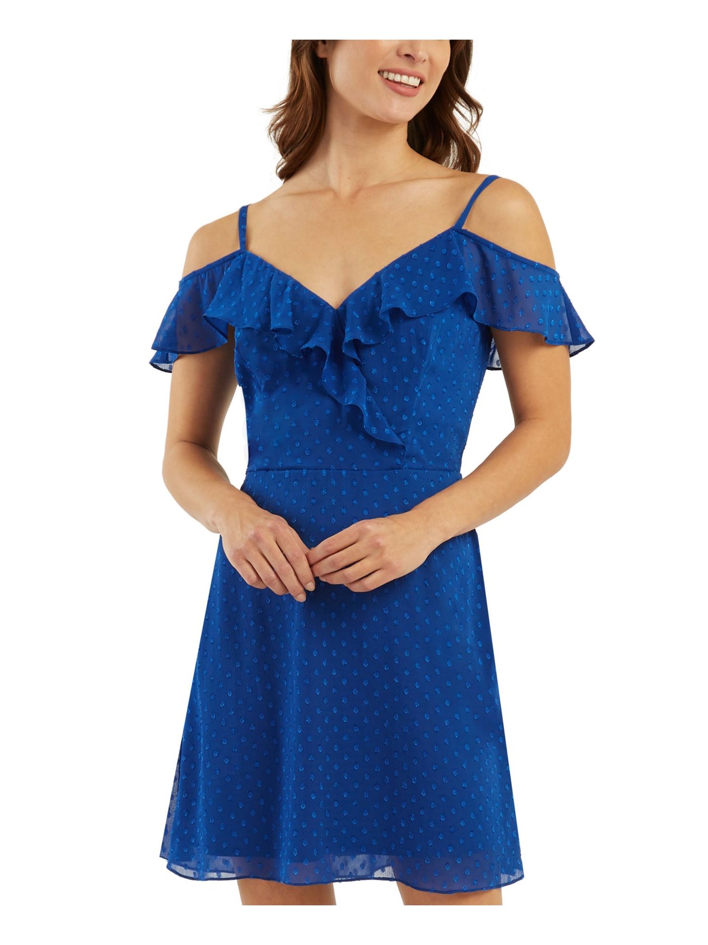 BCX DRESS Womens Blue Adjustable Cold Shoulder Ruffled Tie Sheer Clip Dot Lined Spaghetti Strap V Neck Above The Knee Fit + Flare Dress XS