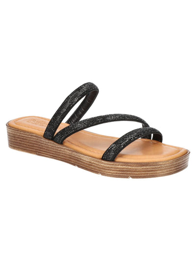 BELLA VITA Womens Black Asymmetrical 1" Platform Cushioned Rhinestone Ona-italy Open Toe Wedge Slip On Leather Sandals Shoes 7.5 M