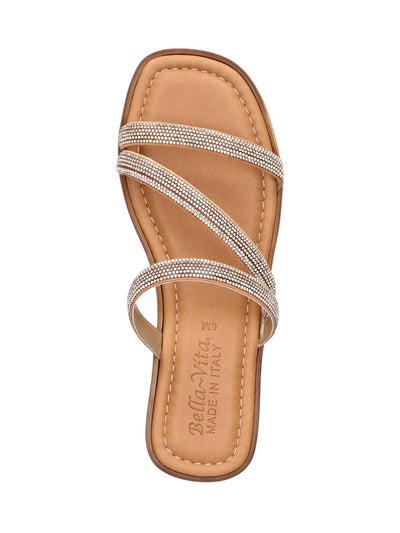 BELLA VITA Womens Silver Asymmetrical 1" Platform Cushioned Rhinestone Ona-italy Square Toe Wedge Slip On Leather Slide Sandals Shoes 7.5 M