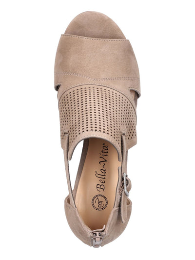 BELLA VITA Womens Beige Buckle Accent Padded Perforated Adjustable Illiana Open Toe Block Heel Zip-Up Leather Heeled Sandal 9 M
