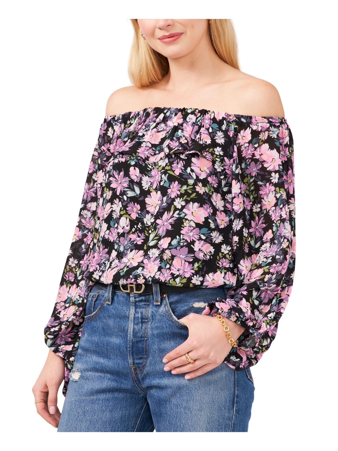VINCE CAMUTO Womens Black Ruffled Pleated Elastic Trim Lined Floral Long Sleeve Off Shoulder Top XXS