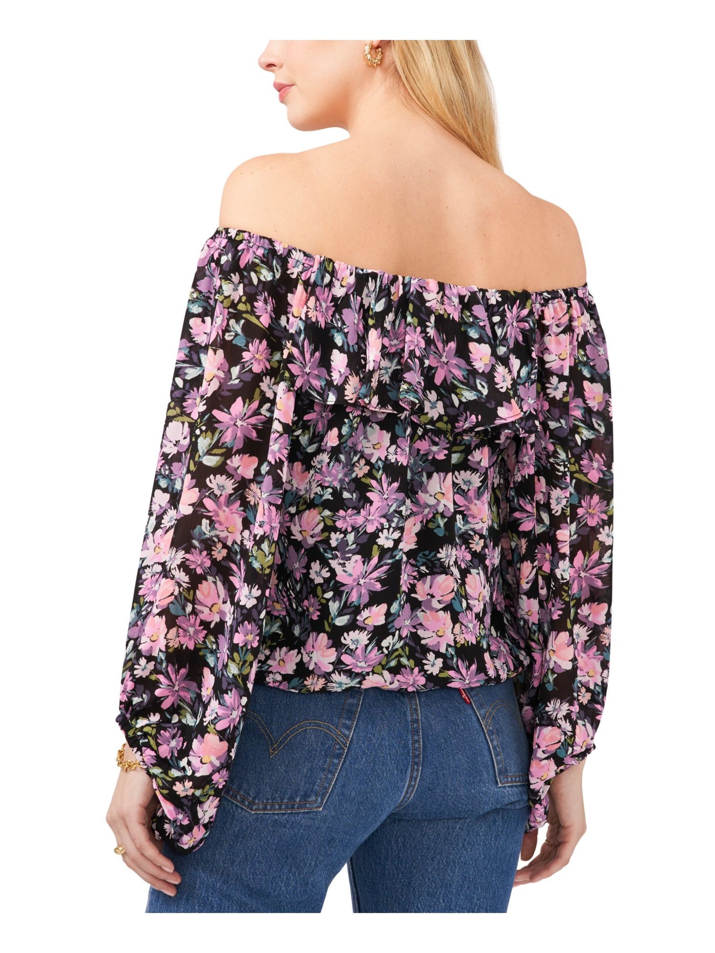 VINCE CAMUTO Womens Black Ruffled Pleated Elastic Trim Lined Floral Long Sleeve Off Shoulder Top XS