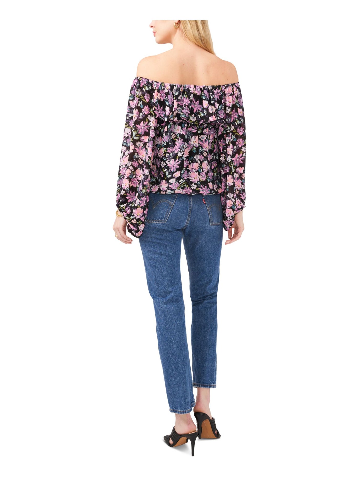 VINCE CAMUTO Womens Ruffled Long Sleeve Off Shoulder Elastic Trim Lined Top
