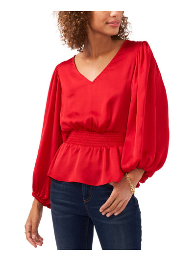 VINCE CAMUTO Womens Red Smocked Pleated Balloon Sleeve V Neck Wear To Work Peplum Top S