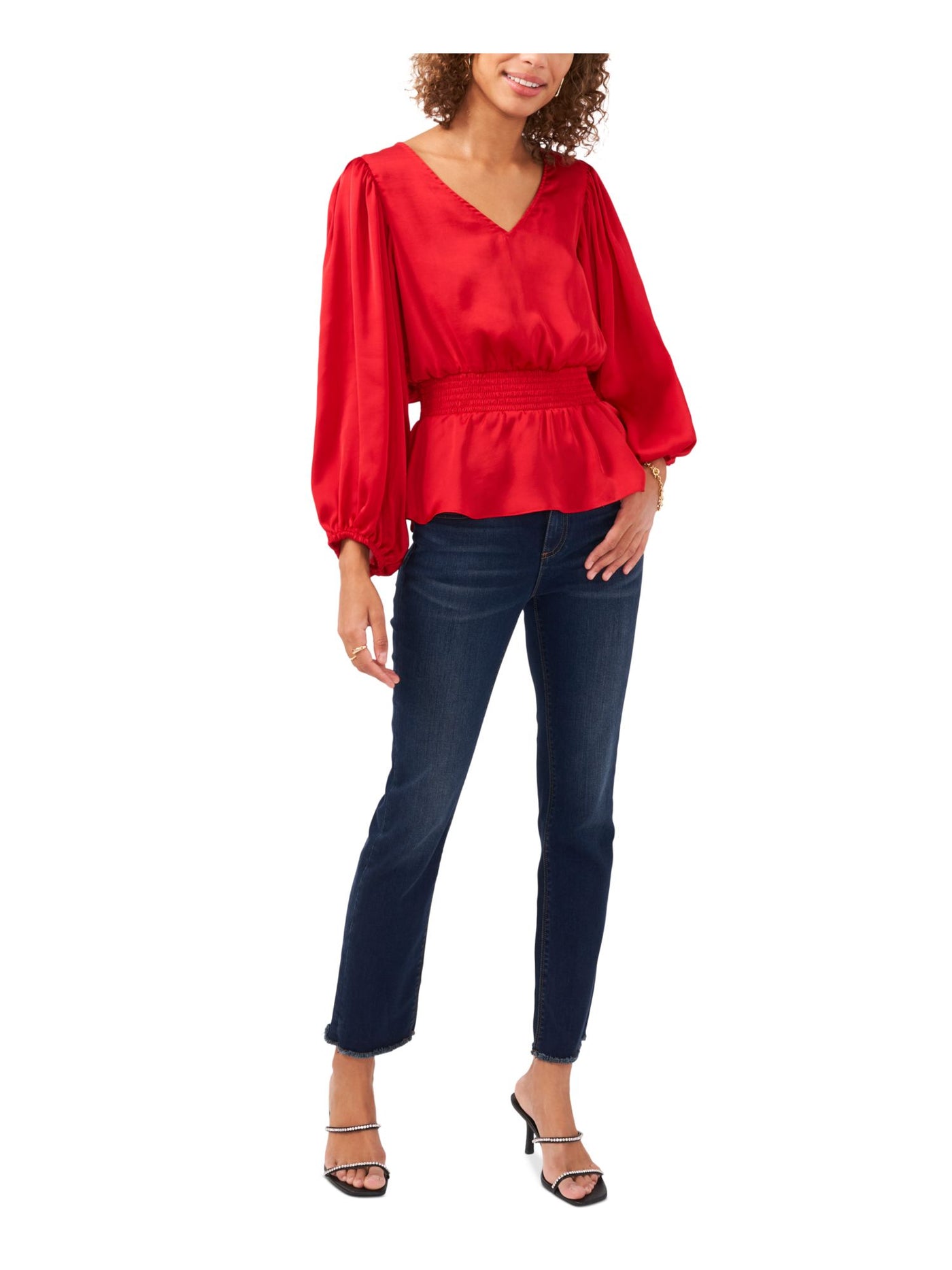 VINCE CAMUTO Womens Red Smocked Pleated Balloon Sleeve V Neck Wear To Work Peplum Top XS