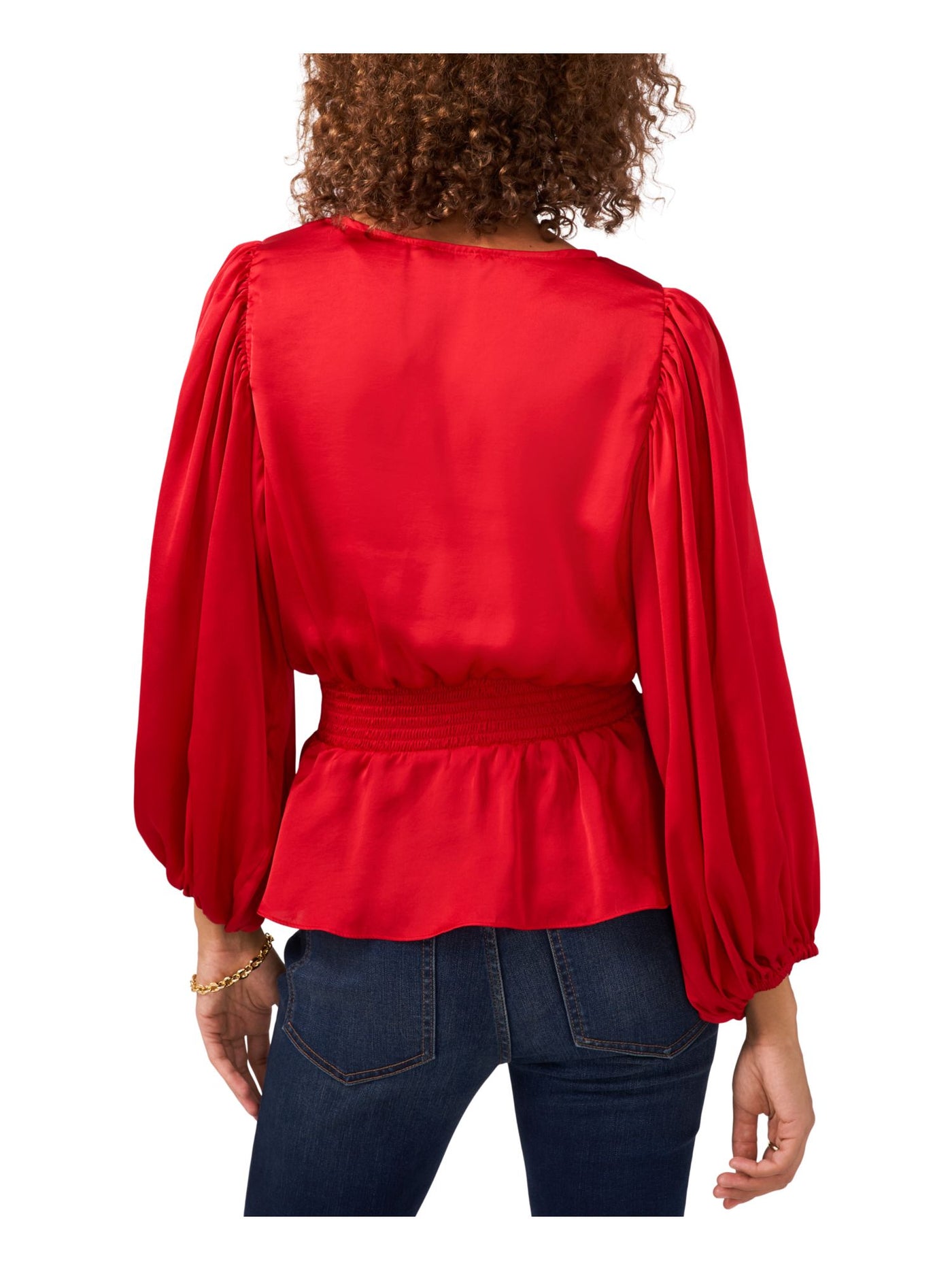 VINCE CAMUTO Womens Red Smocked Pleated Balloon Sleeve V Neck Wear To Work Peplum Top XS