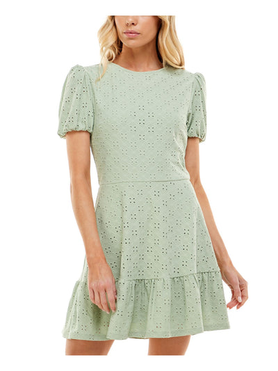 SPEECHLESS Womens Green Eyelet Zippered Lined Elastic Cuffs Ruffled Pouf Sleeve Crew Neck Mini Fit + Flare Dress L