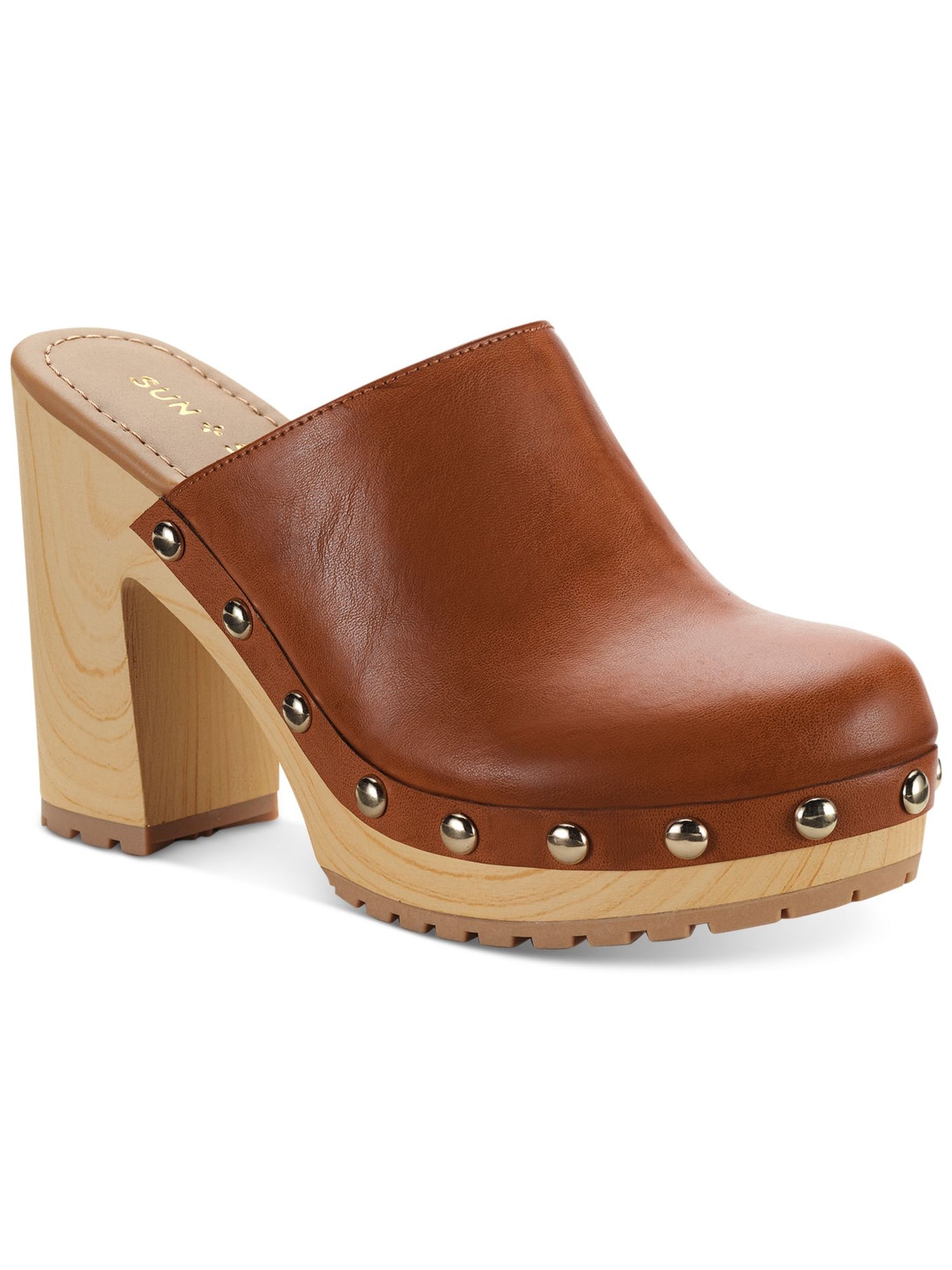 SUN STONE Womens Brown 1" Platform Goring Studded Padded Taanya Round Toe Block Heel Slip On Clogs Shoes 9.5 M