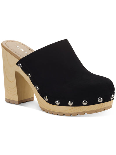 SUN STONE Womens Black 1" Wood-Like Platform Studded Cushioned Taanya Round Toe Block Heel Slip On Clogs Shoes 6.5 M