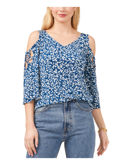 VINCE CAMUTO Womens Blue Cold Shoulder Cut Out Pullover Printed 3/4 Sleeve V Neck Top XS