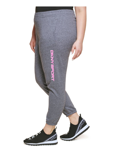 DKNY SPORT Womens Gray Tie Pocketed Drawstring Joggers Logo Graphic High Waist Pants Plus 3X