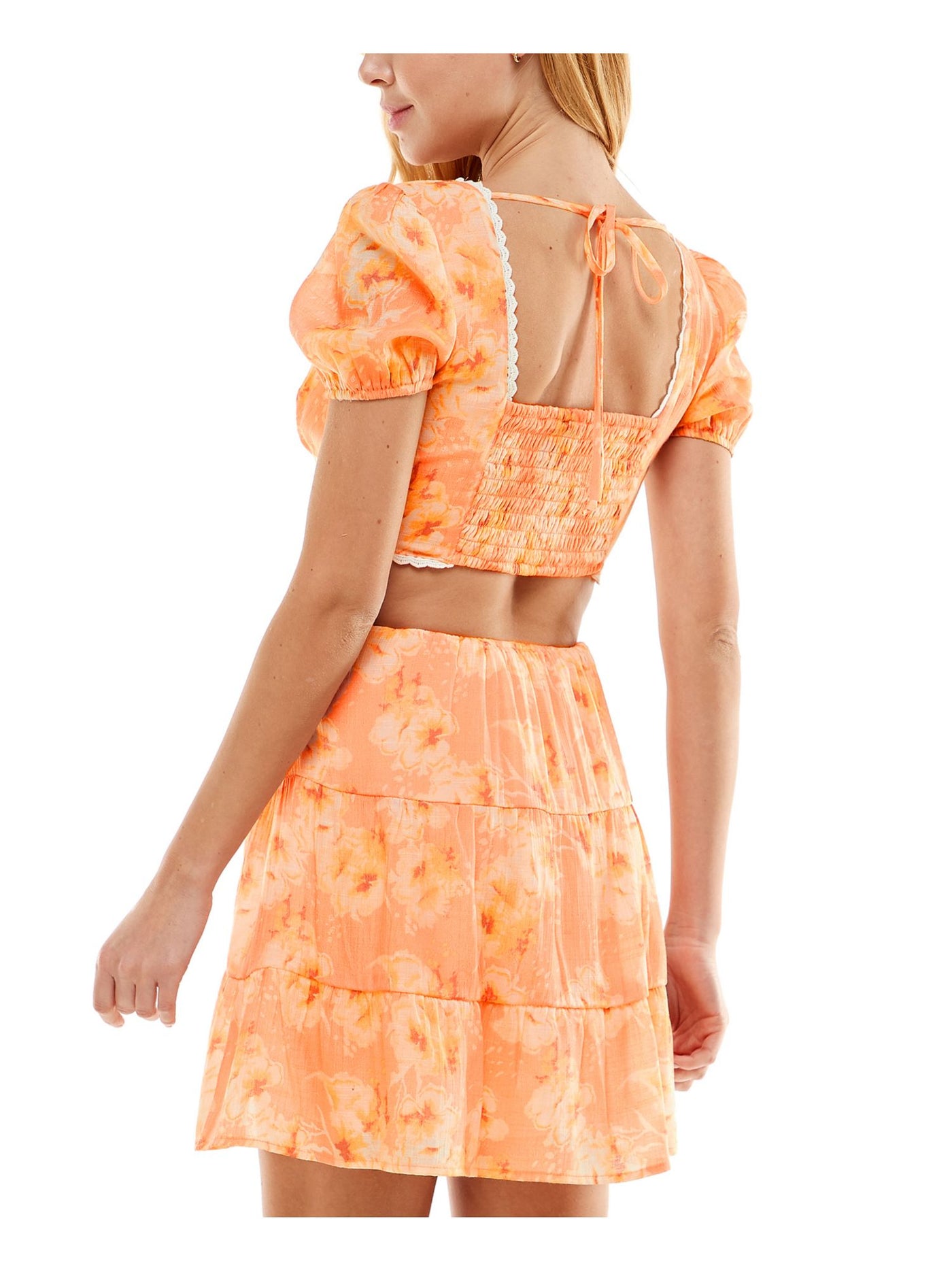 CITY STUDIO Womens Orange Smocked Cut Out Tie Back Lace Trim Tiered Skirt Printed Short Sleeve V Neck Mini Party Fit + Flare Dress Juniors XXL
