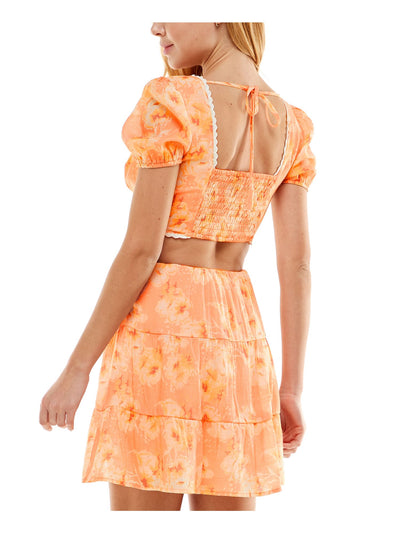 CITY STUDIO Womens Orange Smocked Cut Out Tie Back Lace Trim Tiered Skirt Printed Short Sleeve V Neck Mini Fit + Flare Dress Juniors XL