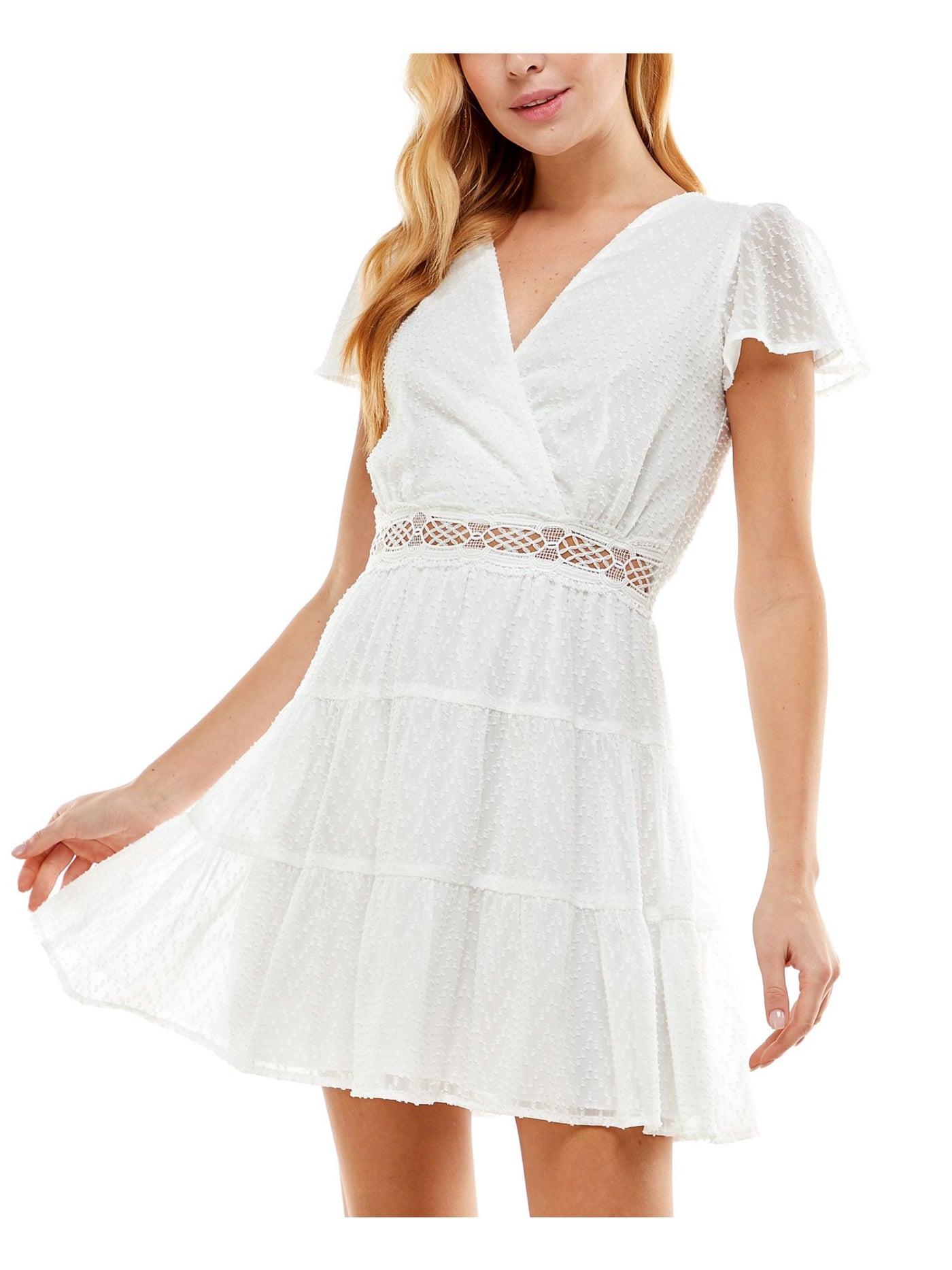 CITY STUDIO Womens White Sheer Ruffled Crochet-trim Flutter Sleeve Surplice Neckline Short Fit + Flare Dress XXL