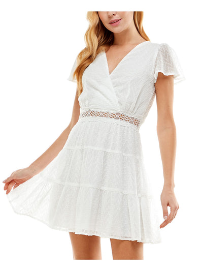 CITY STUDIO Womens White Sheer Ruffled Crochet-trim Flutter Sleeve Surplice Neckline Short Fit + Flare Dress XXL