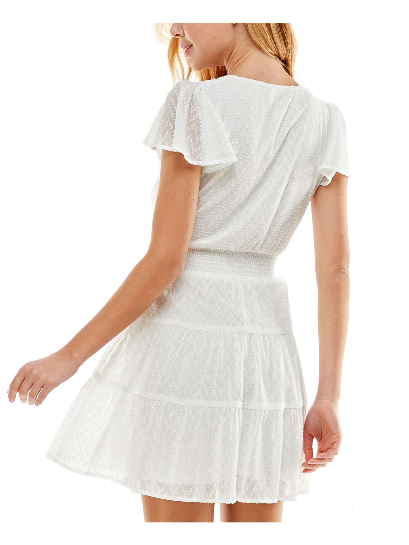 CITY STUDIO Womens White Sheer Ruffled Crochet-trim Flutter Sleeve Surplice Neckline Short Fit + Flare Dress XXL