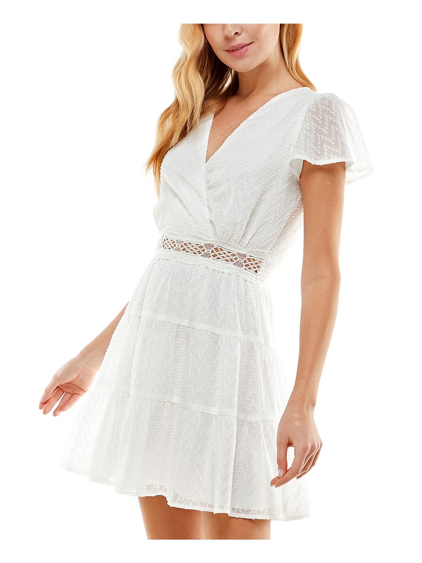 CITY STUDIO Womens White Sheer Ruffled Crochet-trim Flutter Sleeve Surplice Neckline Short Fit + Flare Dress XXL