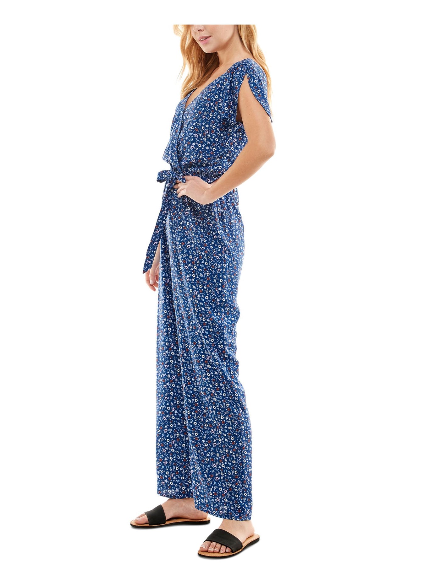 KINGSTON GREY Womens Blue Belted Vented Flutter Sleeves Floral Asymmetrical Neckline Wide Leg Jumpsuit Juniors S