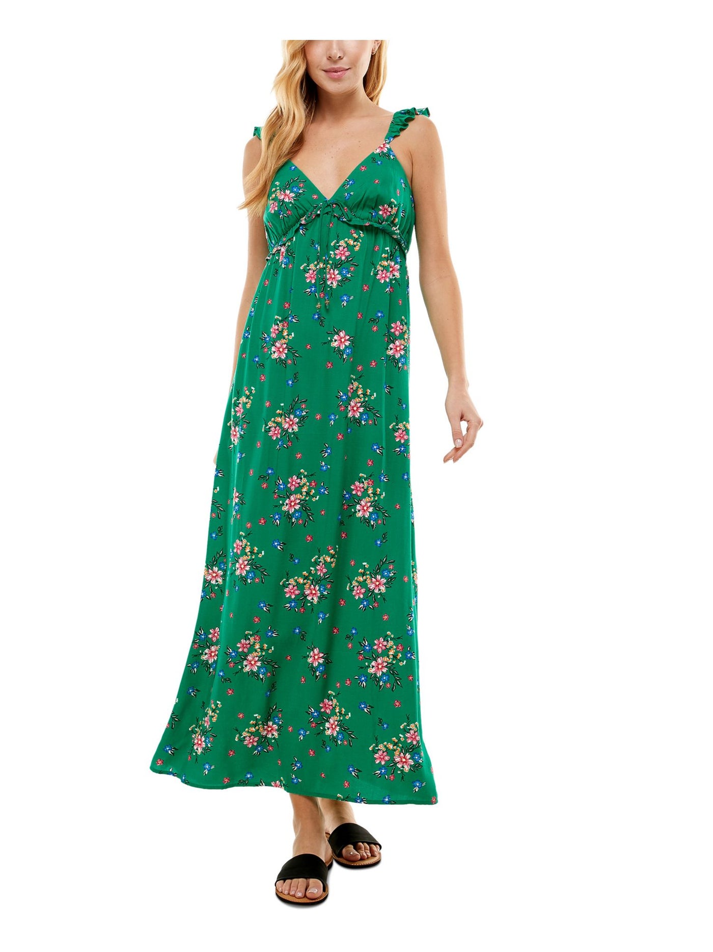 KINGSTON GREY Womens Green Sheer Ruffled Unlined Tie Detail Pullover Floral Sleeveless V Neck Full-Length Empire Waist Dress M