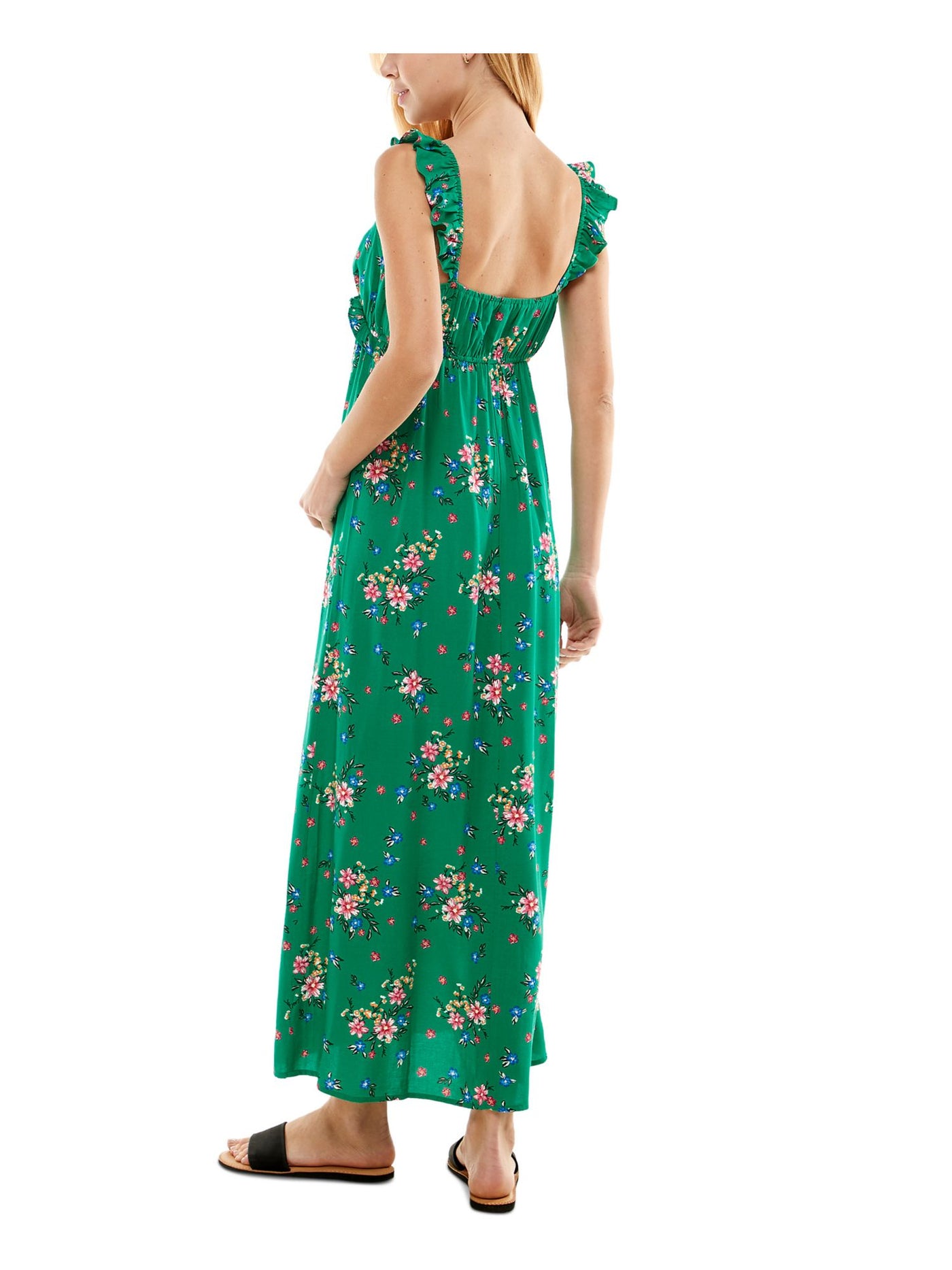 KINGSTON GREY Womens Green Sheer Ruffled Unlined Tie Detail Pullover Floral Sleeveless V Neck Full-Length Empire Waist Dress M