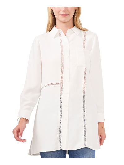 VINCE CAMUTO Womens Ivory Pocketed Pleated Vented Sides Oversized Cuffed Sleeve Collared Button Up Top XS