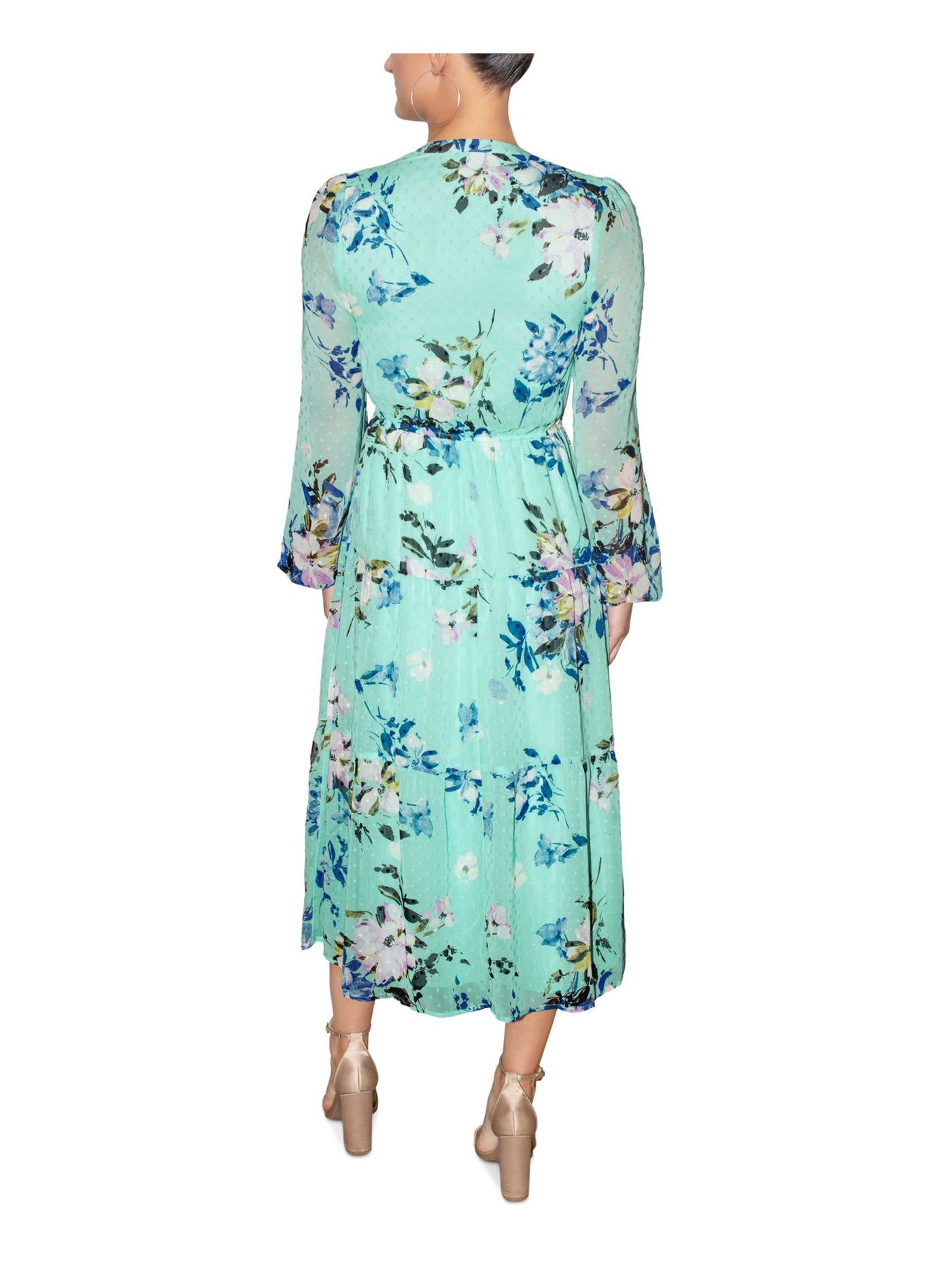 RACHEL RACHEL ROY Womens Aqua Sheer Tie Pullover Lined Swiss Dots Tiered Floral Long Sleeve V Neck Tea-Length Fit + Flare Dress 8