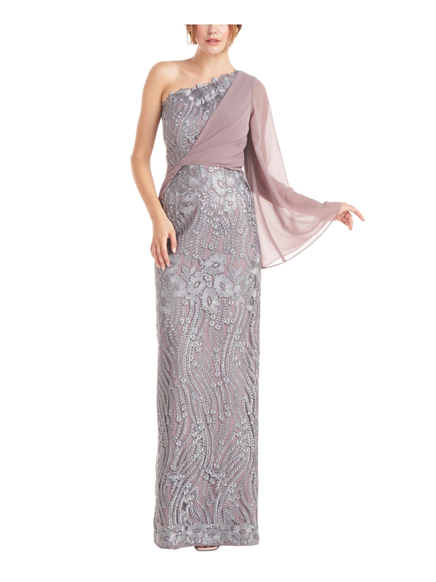 JS COLLECTIONS Womens Purple Embroidered Zippered Overlay Lined Floral Long Sleeve Asymmetrical Neckline Full-Length Evening Gown Dress 10
