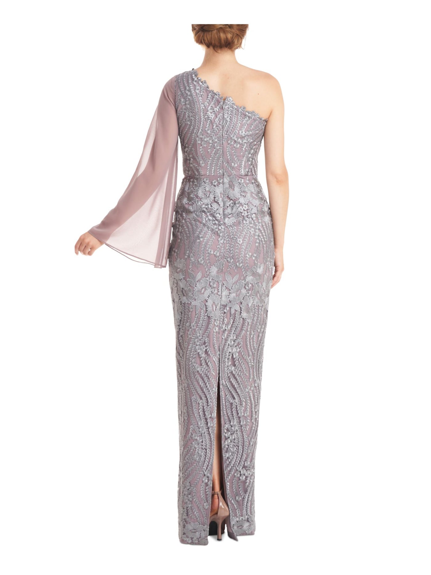 JS COLLECTIONS Womens Silver Embroidered Zippered Overlay Lined Floral Long Sleeve Asymmetrical Neckline Full-Length Evening Gown Dress 8