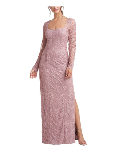 JS COLLECTION Womens Pink Embroidered Zippered Sequined Lined Long Sleeve Square Neck Full-Length Evening Sheath Dress 18