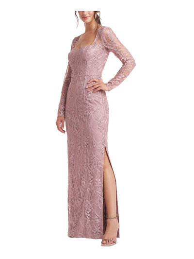 JS COLLECTIONS Womens Pink Embroidered Zippered Sequined Lined Long Sleeve Square Neck Full-Length Evening Sheath Dress 6