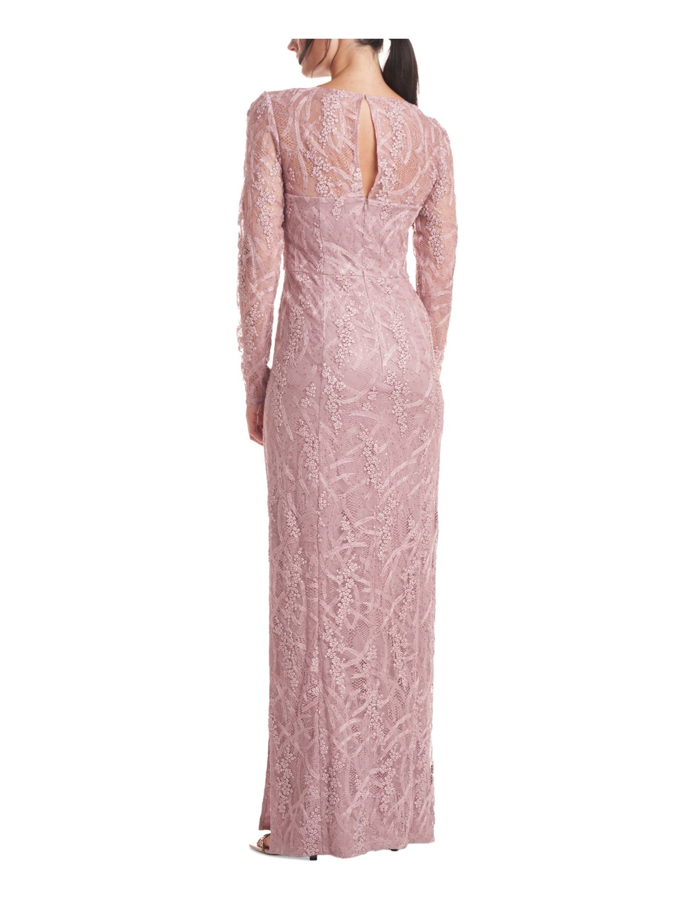 JS COLLECTIONS Womens Pink Embroidered Zippered Sequined Lined Long Sleeve Square Neck Full-Length Evening Sheath Dress 6