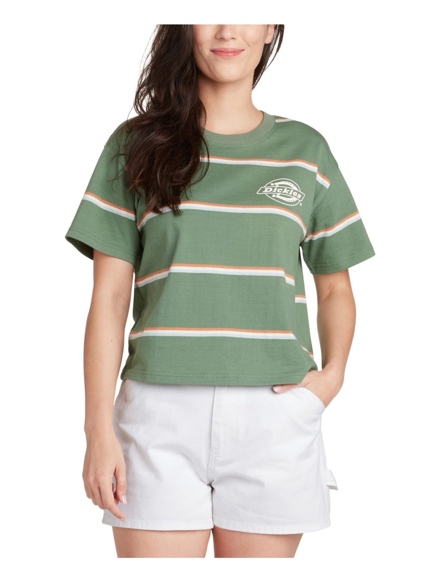DICKIES Womens Green Ribbed Striped Short Sleeve Crew Neck T-Shirt Juniors L