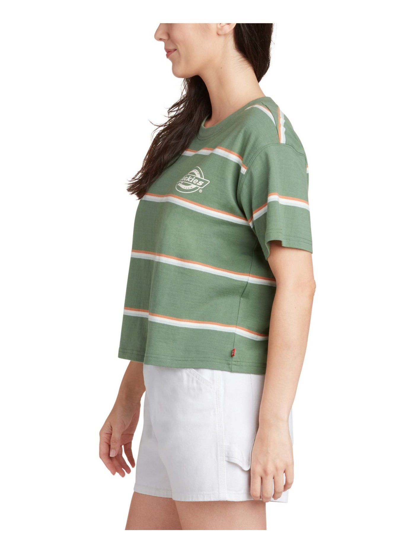 DICKIES Womens Green Ribbed Striped Short Sleeve Crew Neck T-Shirt Juniors L