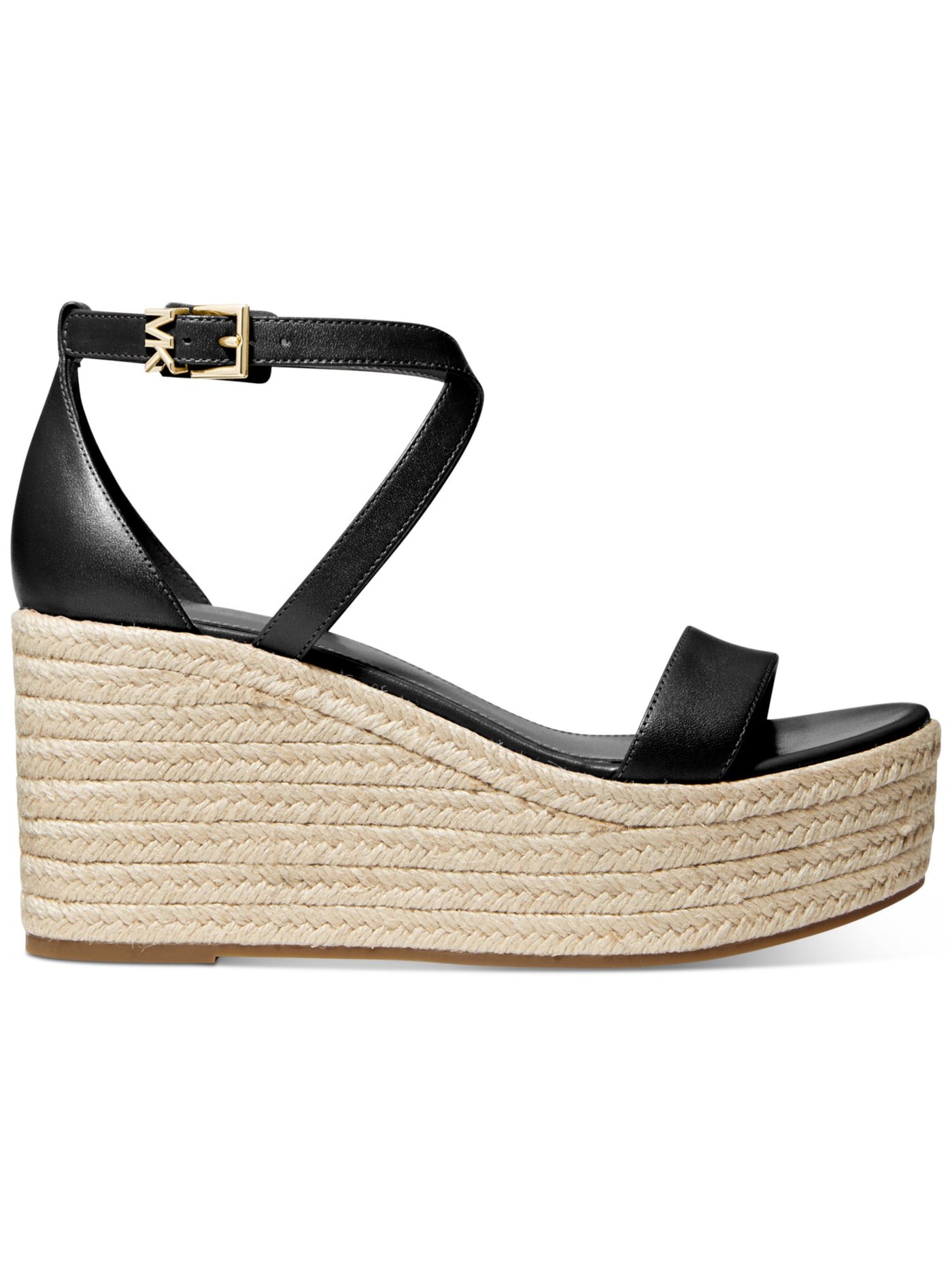 MICHAEL MICHAEL KORS Womens Black 1-1/2" Platformcrisscross Ankle-Strap Padded Serena Round Toe Wedge Buckle Leather Espadrille Shoes 7.5 M