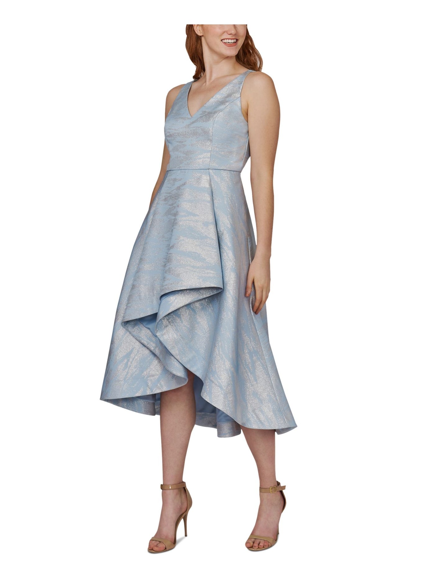 ADRIANNA PAPELL Womens Light Blue Zippered Pocketed Lined Sleeveless V Neck Midi Evening Hi-Lo Dress Petites 16P