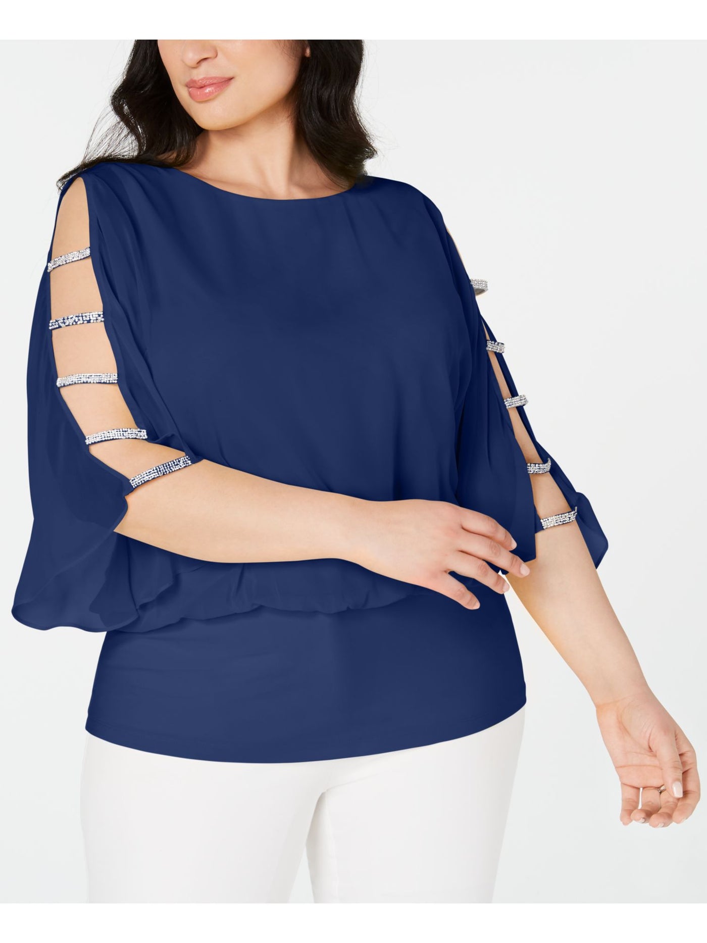 MSK WOMEN Womens Navy Embellished Sheer Sleeves Flutter Sleeve Jewel Neck Evening Top Plus 1X