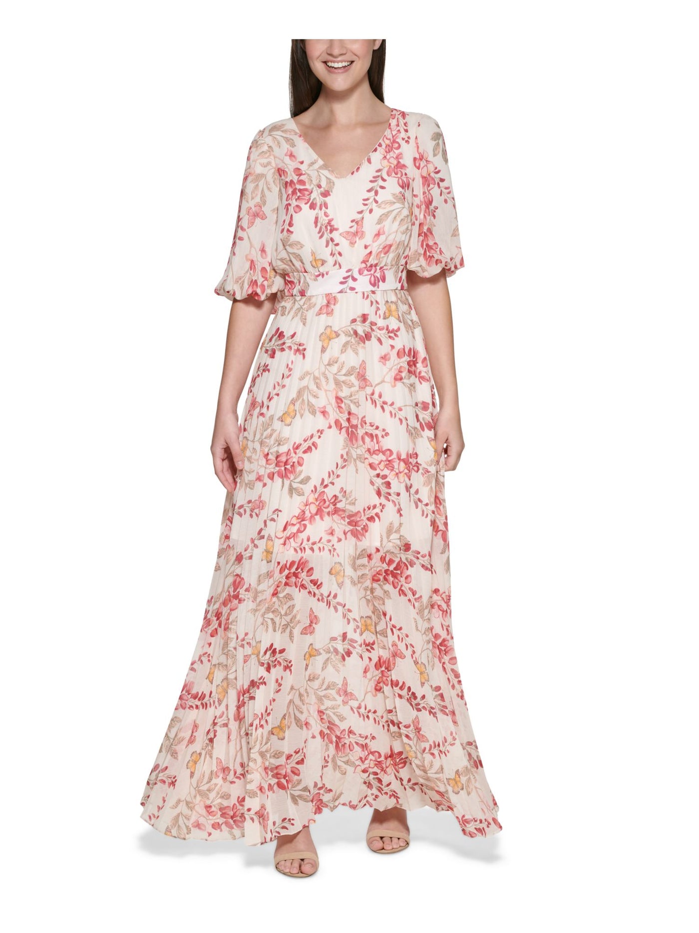 KENSIE DRESSES Womens Pink Pleated Zippered Elastic Waist Puff Sleeves Floral Elbow Sleeve V Neck Maxi Fit + Flare Dress 6