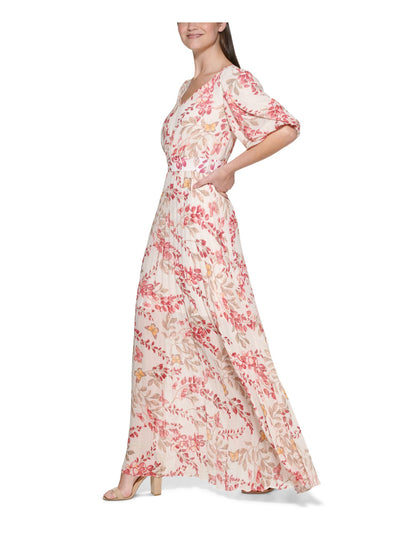 KENSIE DRESSES Womens Pink Pleated Zippered Elastic Waist Puff Sleeves Floral Elbow Sleeve V Neck Maxi Fit + Flare Dress 6
