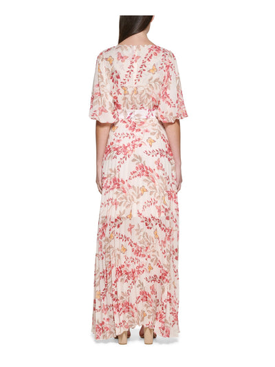 KENSIE DRESSES Womens Pink Pleated Zippered Elastic Waist Puff Sleeves Floral Elbow Sleeve V Neck Maxi Fit + Flare Dress 6