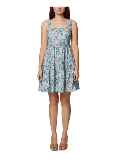 BCBGENERATION Womens Aqua Zippered Darted Lined Tiered Floral Sleeveless Square Neck Above The Knee Fit + Flare Dress 6