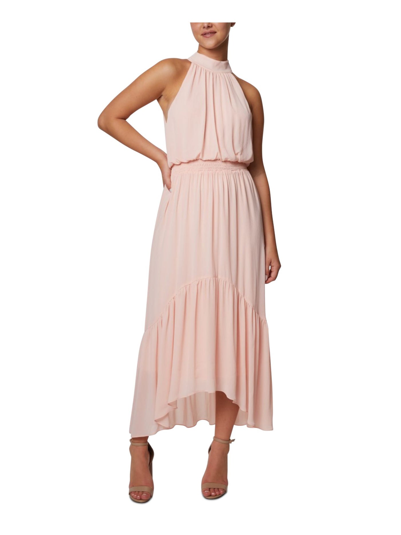 LAUNDRY Womens Pink Smocked Sheer Tie Lined Ruffled Sleeveless Halter Midi A-Line Dress 8