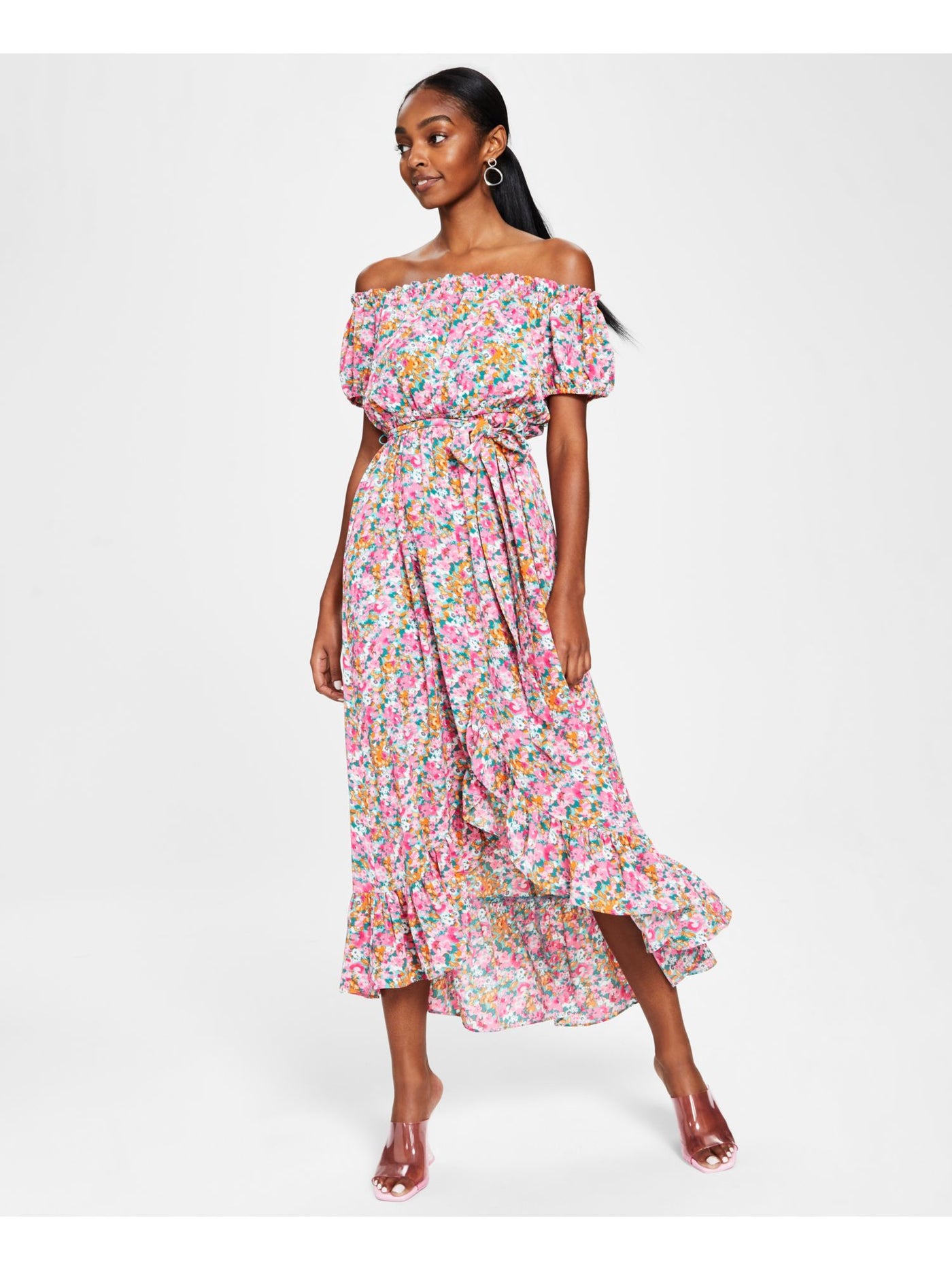 BAR III DRESSES Womens Aqua Ruffled Textured Tie Belt Lined Pullover Floral Short Sleeve Off Shoulder Maxi Hi-Lo Dress S