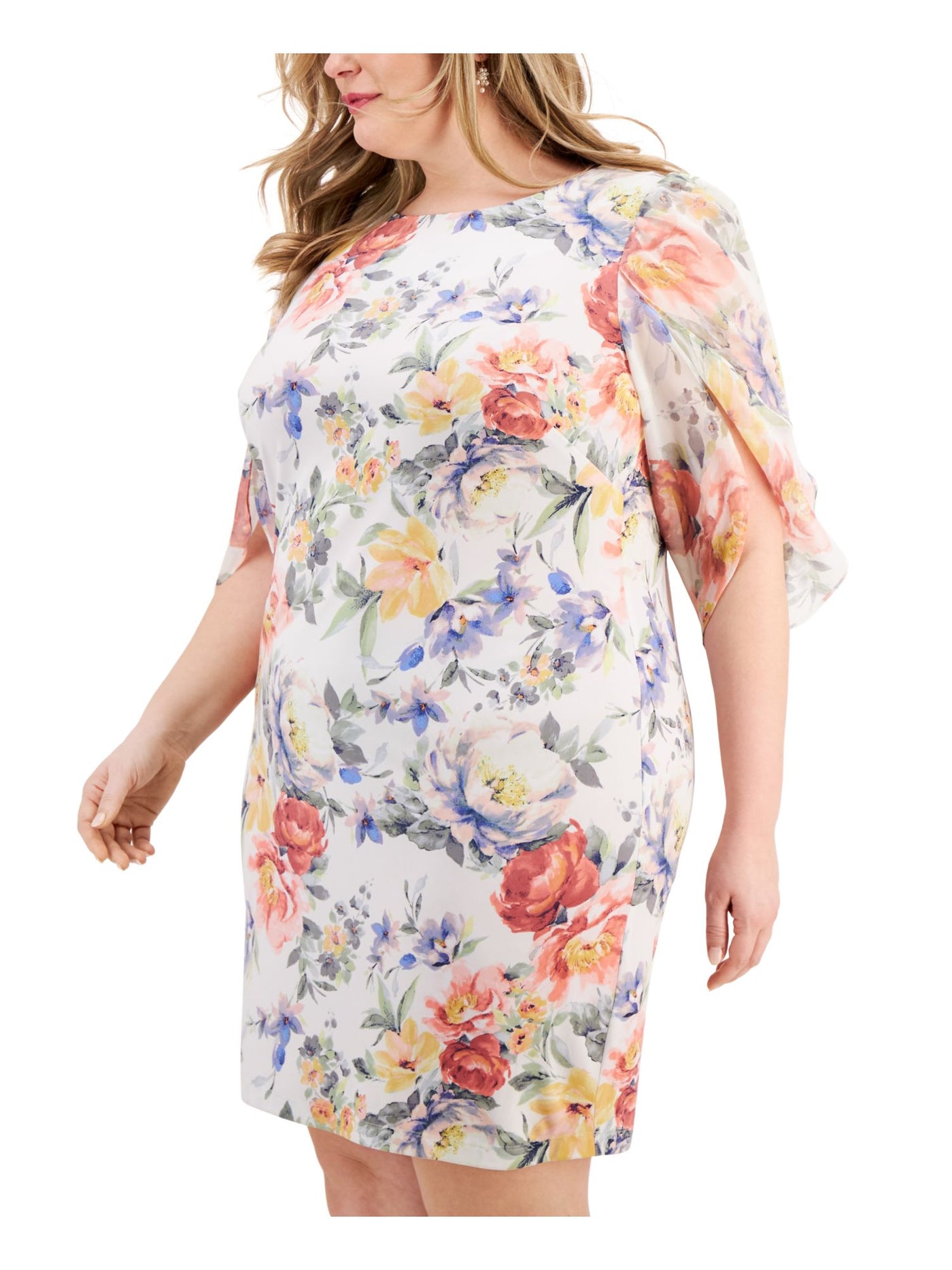 CONNECTED APPAREL Womens White Floral Petal Sleeve Round Neck Above The Knee Party Sheath Dress Plus 22W
